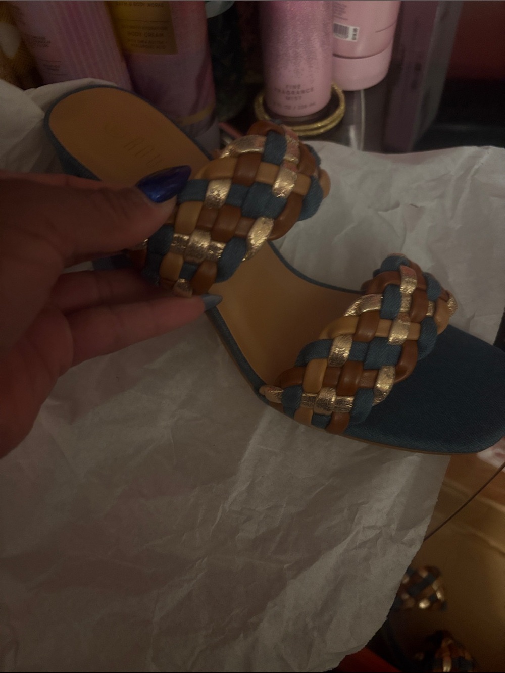 Rouge! Braided Blue, Tan & Gold Slide Sandals